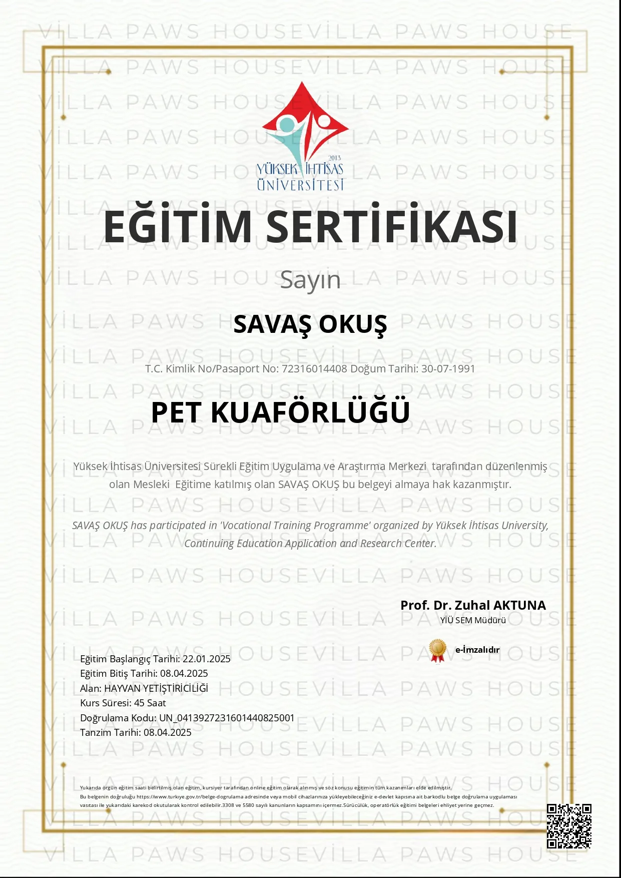 EĞİTİM SERTİFİKASI